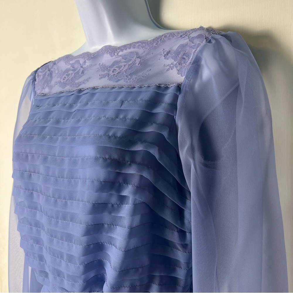 Miss Elliette - Women’s Vintage Belted Chiffon Dress Lace Periwinkle‎ 60s Sz. 10 - Picture 4 of 10